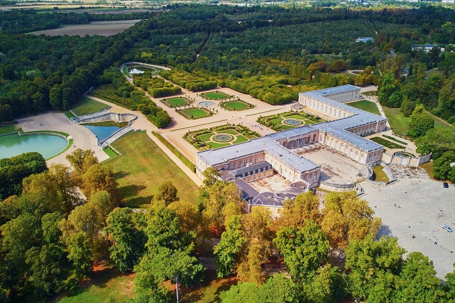 Aerial scenic view of Grand Trianon palace in the Gardens of Versailles near Paris, France