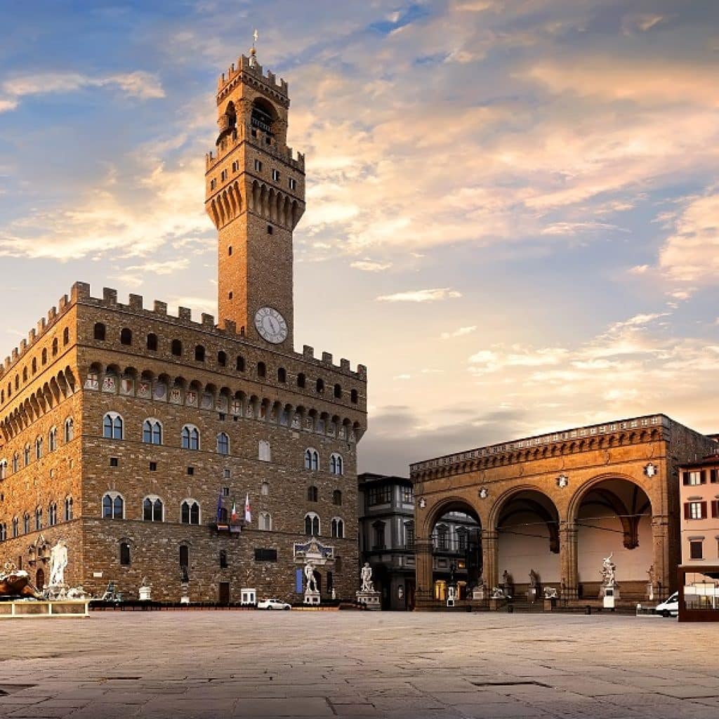 Square of Signoria in Florence at sunrise, Italy