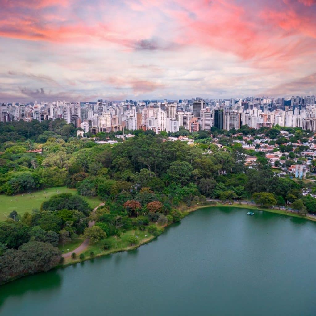 Aerial view of Ibirapuera Park in São Paulo, SP. Residential buildings around. Lake in Ibirapuera Park.