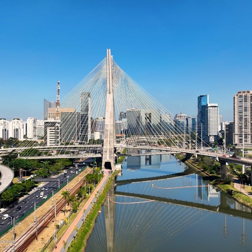 Cable Bridge At Downtown In Sao Paulo Brazil. Cityscape Bridge. Traffic Road. Sao Paulo Brazil. Urban Landscape. Cable Bridge At Downtown In Sao Paulo Brazil.